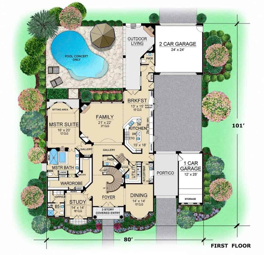 Main level floor plan of a 4-bedroom traditional two-story home with foyer, dining room, study, family room, kitchen, breakfast nook, primary suite, utility, and two garages.