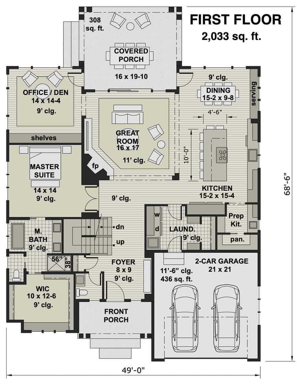 Main level floor plan of a 4-bedroom transitional style two-story home with foyer, great room, dining room, kitchen, den, primary suite, and laundry room that opens to the garage.