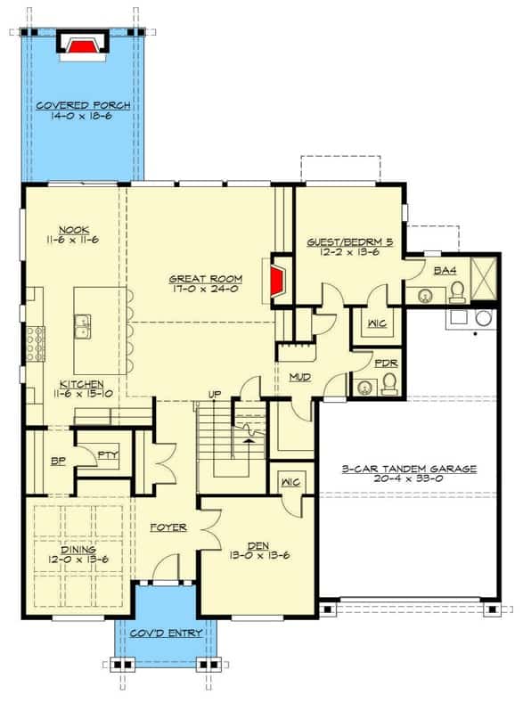 Main level floor plan of a 5-bedroom Northwest two-story craftsman home with foyer, dining room, den, great room, kitchen, breakfast nook, guest bedroom, and mudroom leading to the 3-car garage.