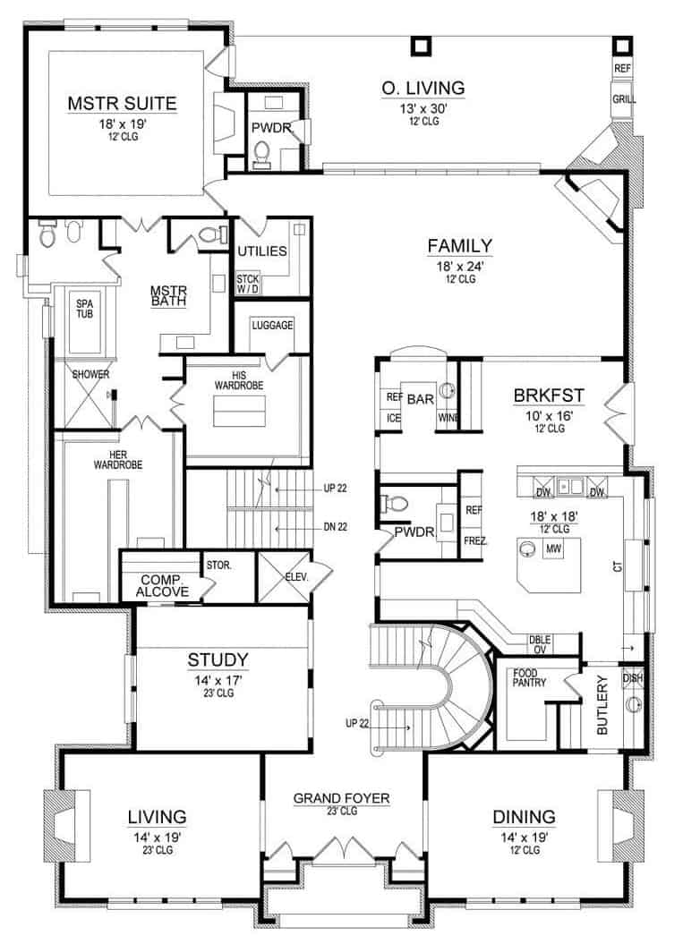 Main level floor plan of a contemporary two-story 5-bedroom luxury home with foyer, living room, dining room, study, kitchen, breakfast nook, family room, and outdoor living.