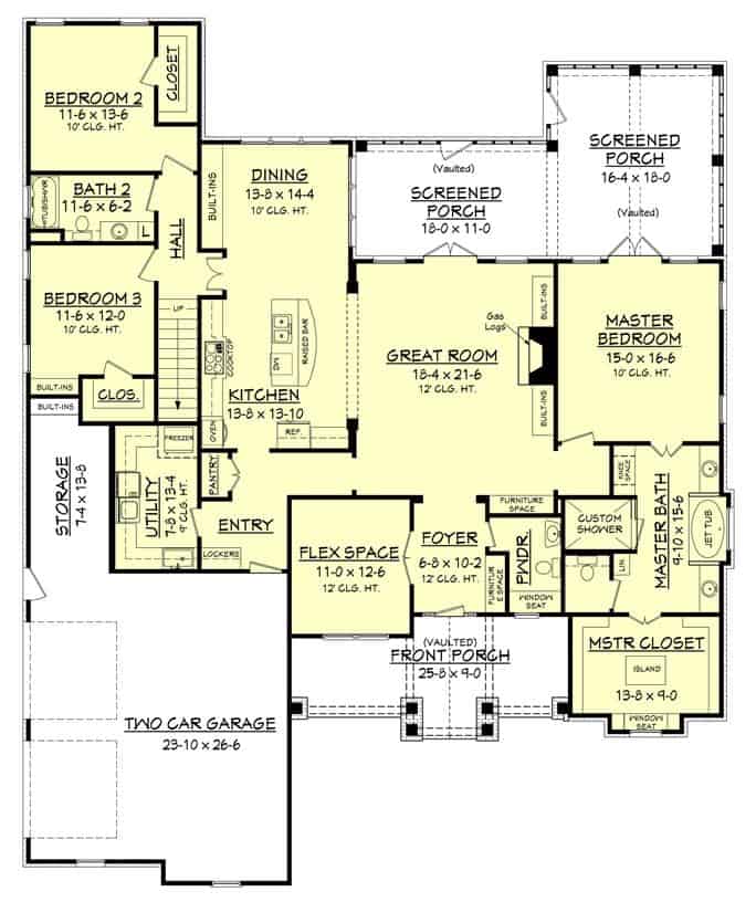 Main level floor plan of a single-story 3-bedroom country style home with font and screened porches, foyer, great room, kitchen, dining room, primary suite, flex space, utility, and a side-loading garage.
