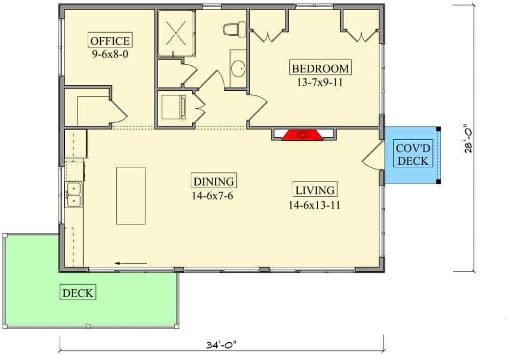 Main level floor plan of a single-story modern 1-bedroom cottage with living room, dining area, kitchen, office, and multiple decks.