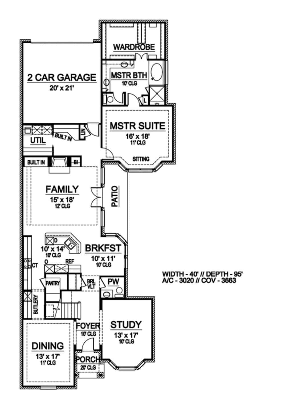 Main level floor plan of a traditional two-story 3-bedroom luxury home with a foyer, study, kitchen, dining room, breakfast nook, family room, primary suite, utility, and mudroom that leads to the rear garage.
