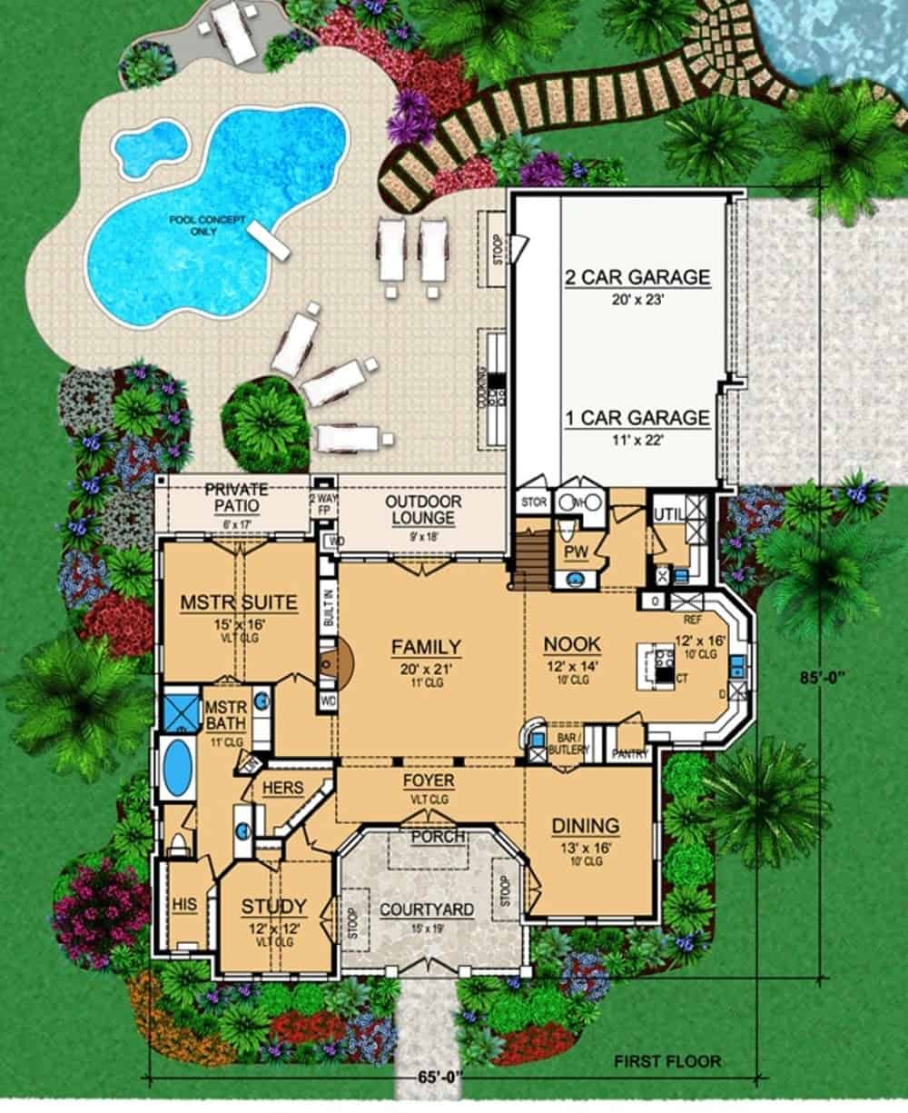 Main level floor plan of a two-story 4-bedroom traditional home with foyer, dining room, study, family room, kitchen, breakfast nook, primary suite, utility, rear garage, and lots of outdoor space.