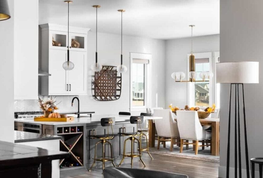 View of the kitchen and the dining area from the family room.