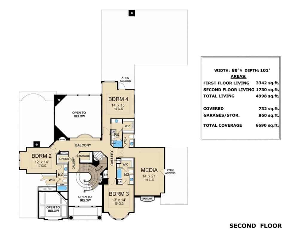 Second level floor plan with three bedrooms, three bathrooms, and a media room.