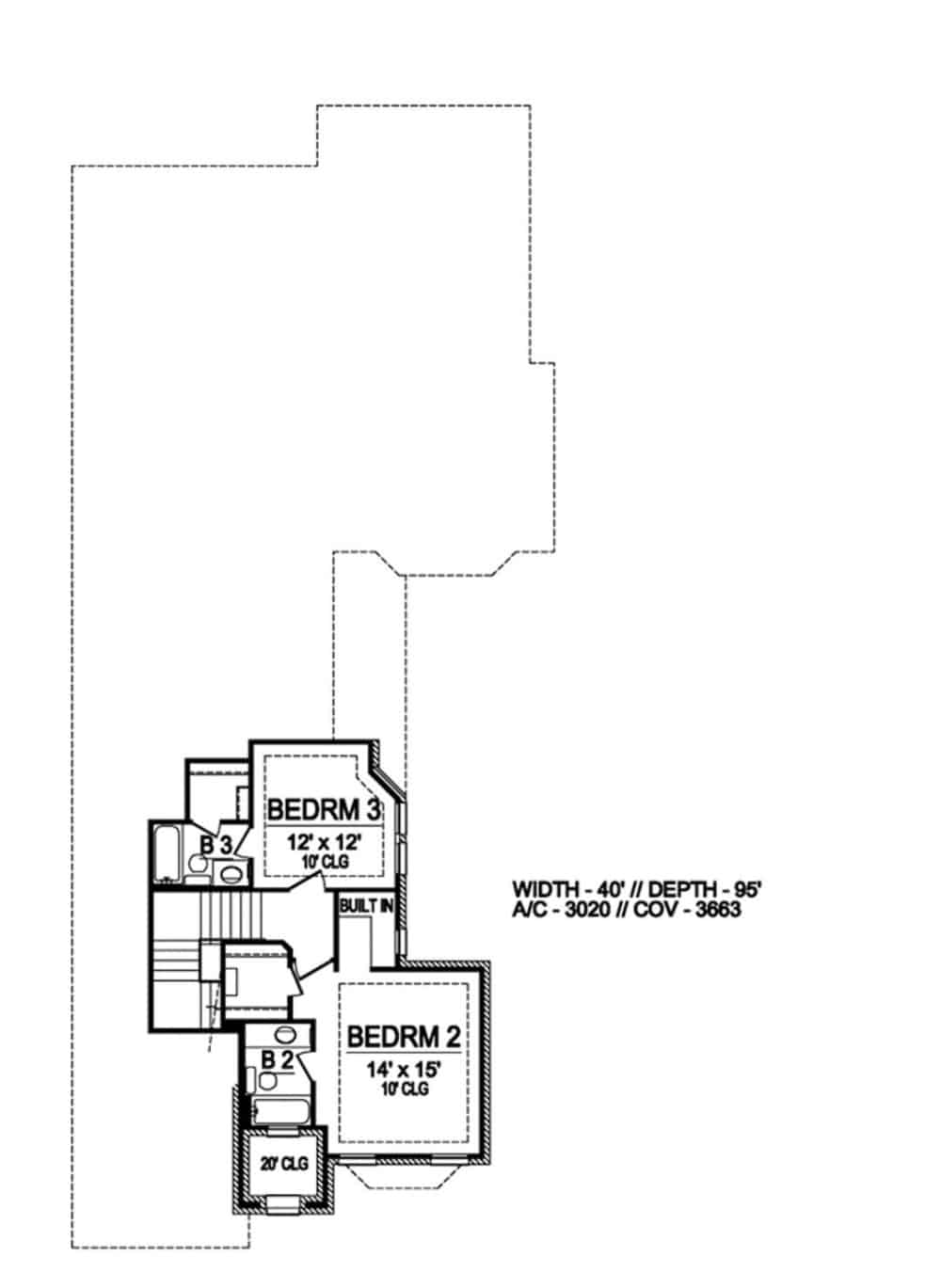Second level floor plan with two bedrooms and two bathrooms.