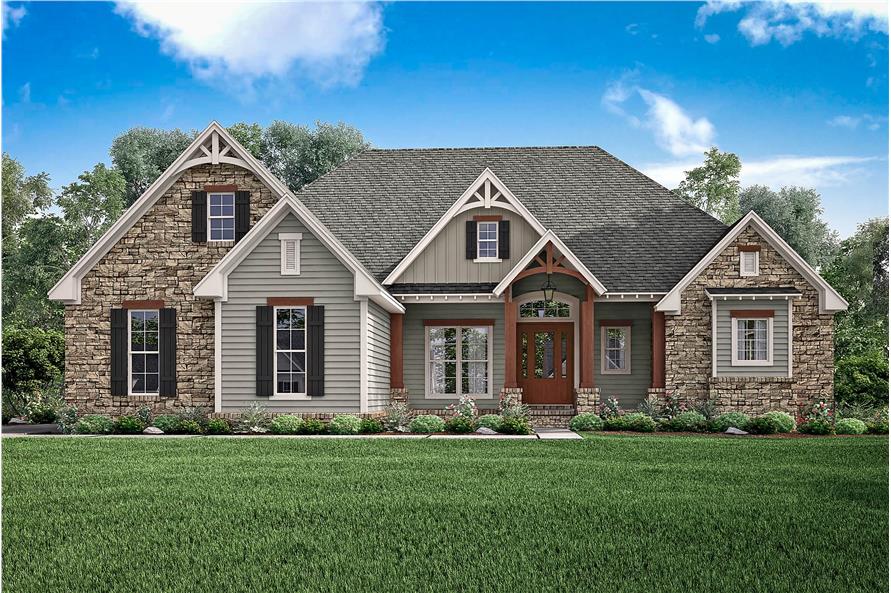 Front rendering of the single-story 3-bedroom country style home.