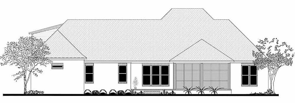 Rear elevation sketch of the single-story 3-bedroom French country home.