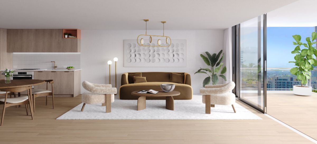 Living space with light wood plank tile flooring, and full height glass door.