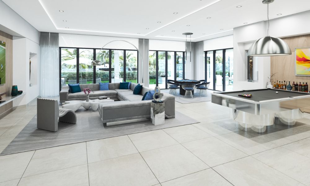 Palm Beach Tiffany's rooftop living space and game room with bar.