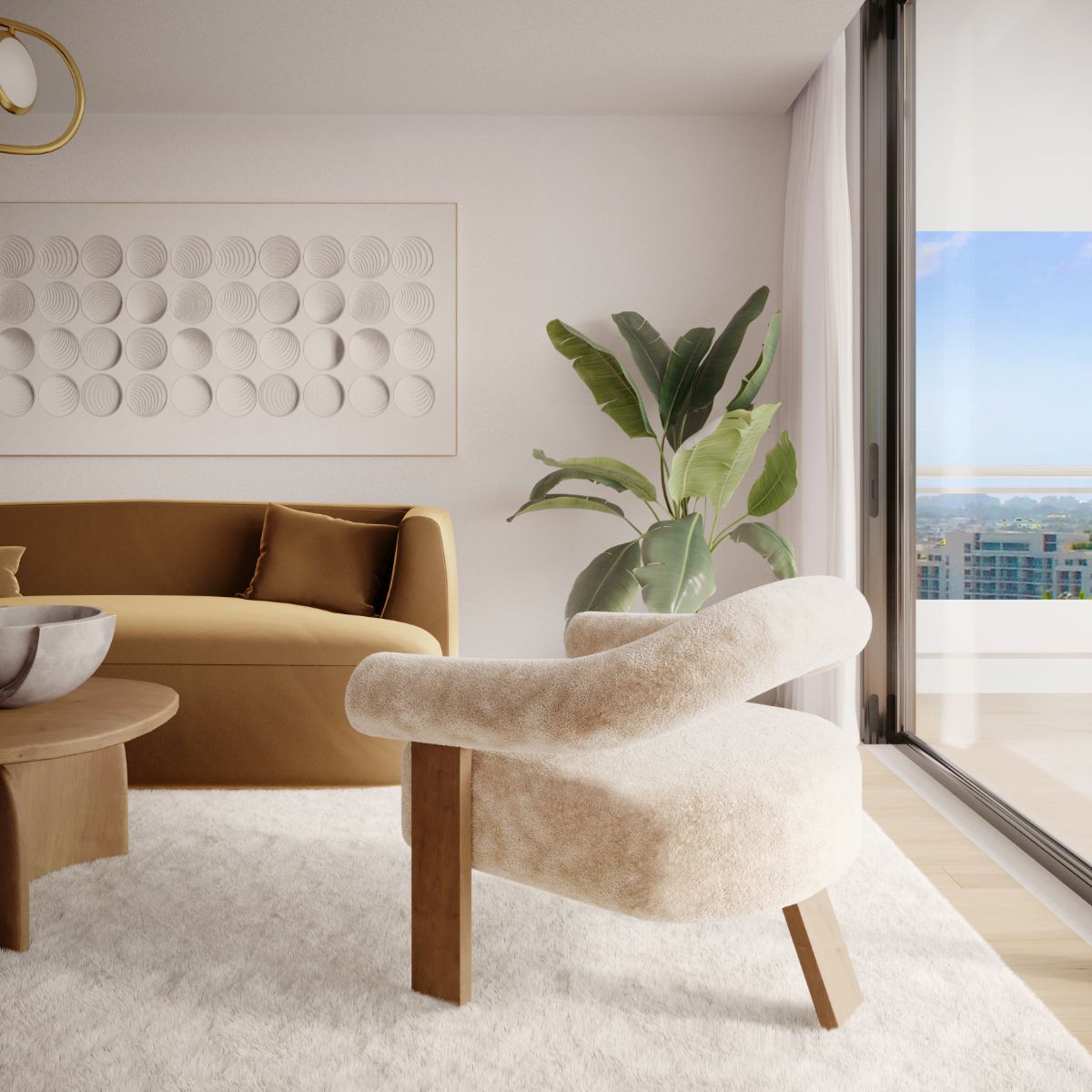 Fur faux single chair and light brown cushioned sofa and indoor plant in between.