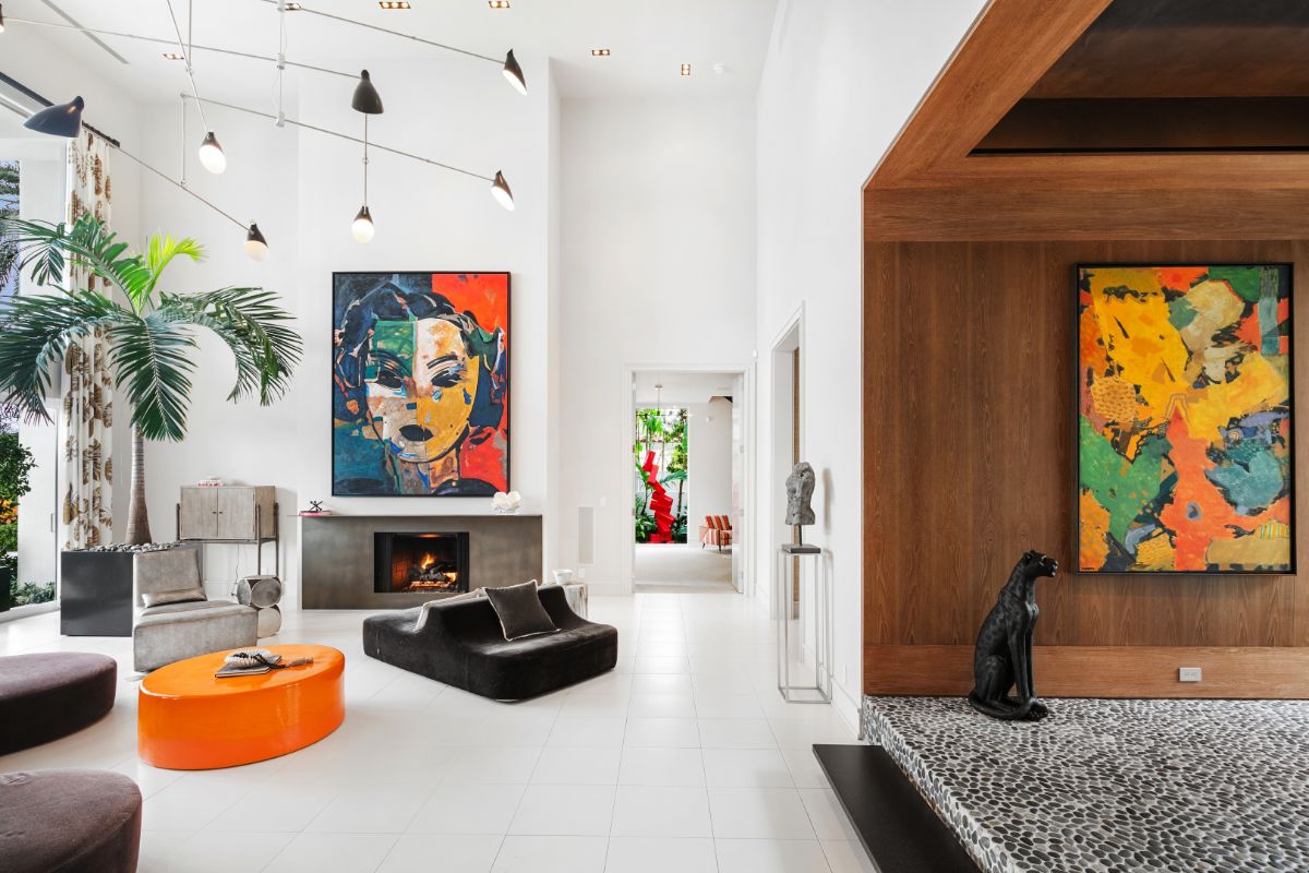 Entrance to living area with foyer and striking artworks.