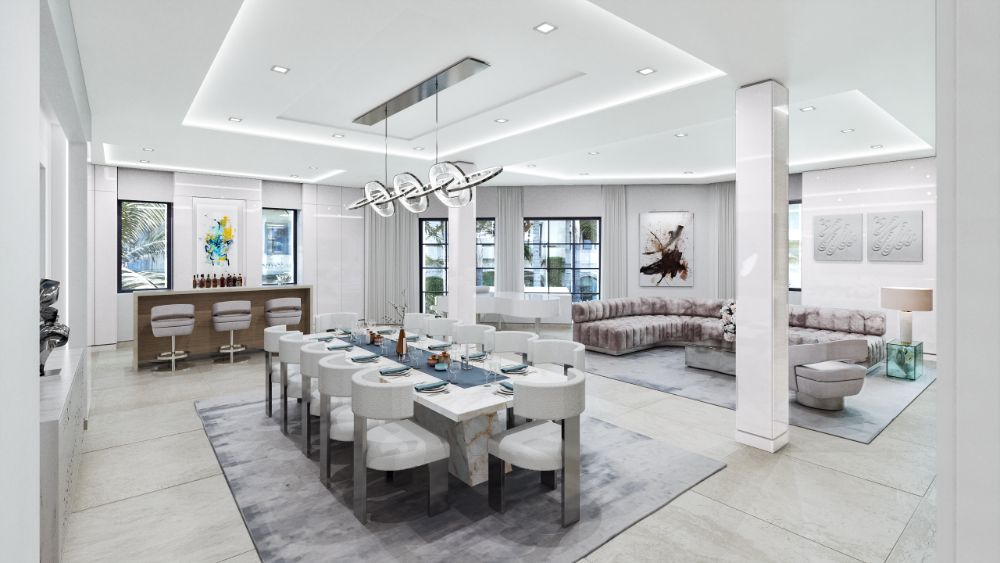 Dining area with a twelve-seater marble dining table that connects to the mini bar and living area.