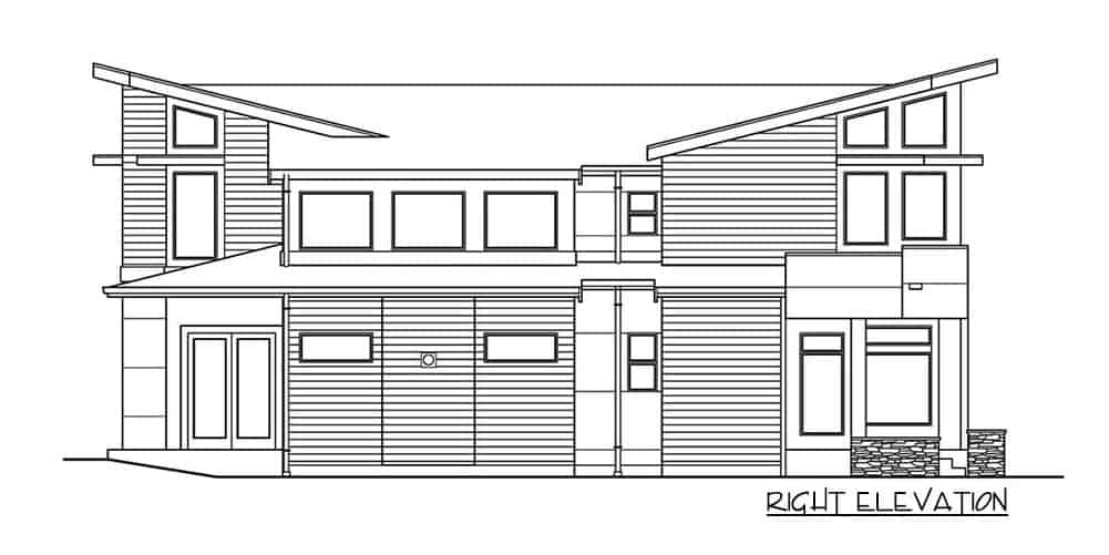 Right elevation sketch of the 4-bedroom modern style two-story Northwest home.