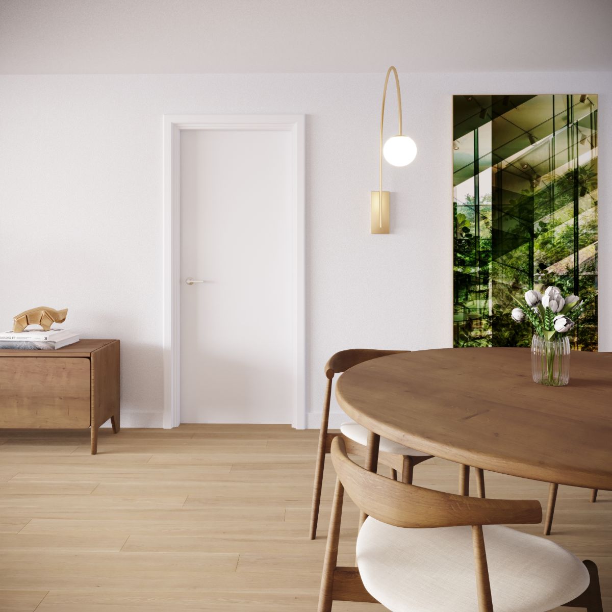 Dining area with wooden round table and custom Italian cabinetry.