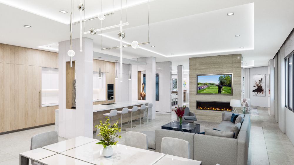 Palm Beach Tiffany kitchen with marble-topped tables, bar-style chairs, and a living area with an electric fireplace beneath a large screen TV.