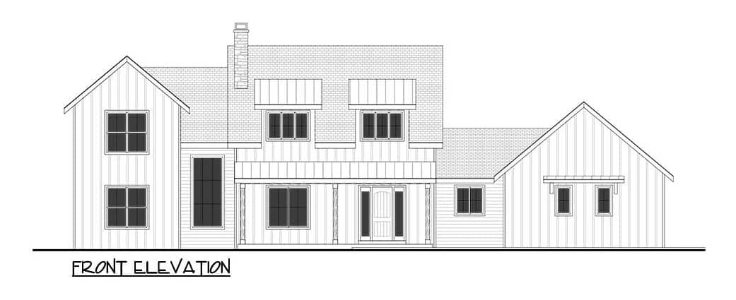 Front elevation sketch of the 5-bedroom modern two-story farmhouse.