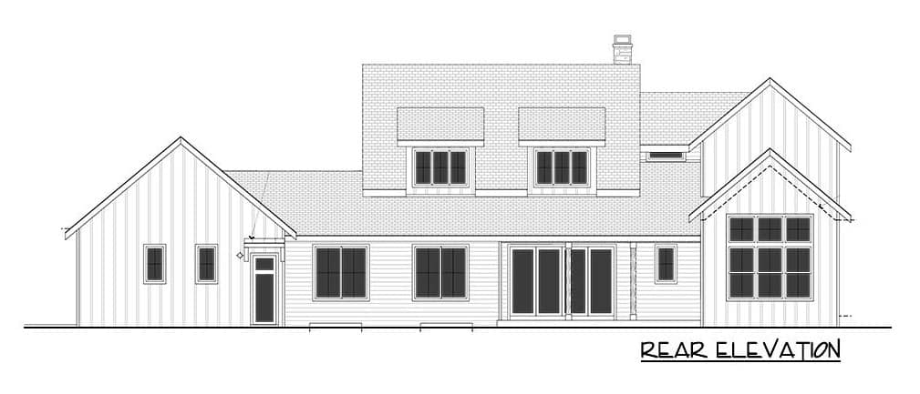 Rear elevation sketch of the 5-bedroom modern two-story farmhouse.