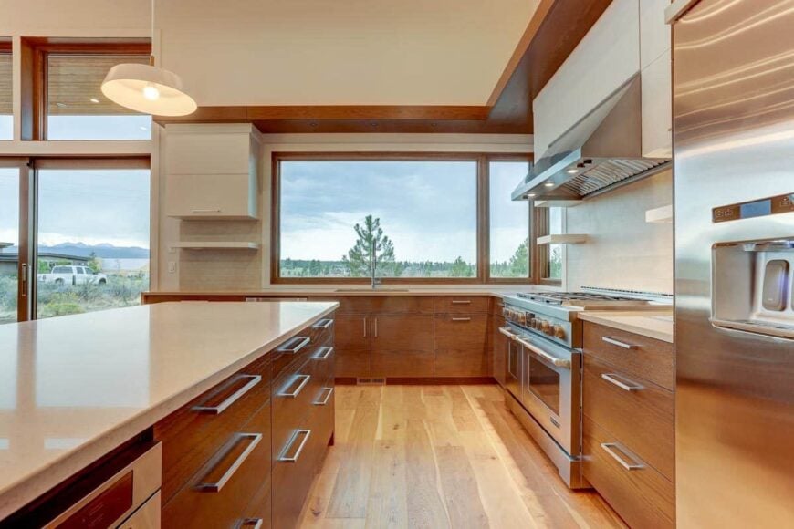The kitchen also offers impressive views of the surrounding landscape.