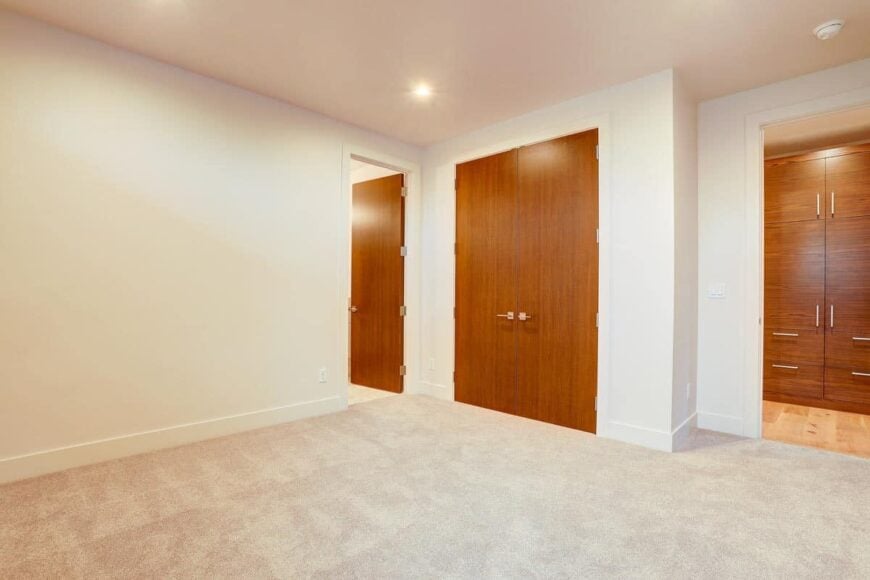 Primary bedroom with carpeted floor and a walk-in closet concealed behind the double wooden door.