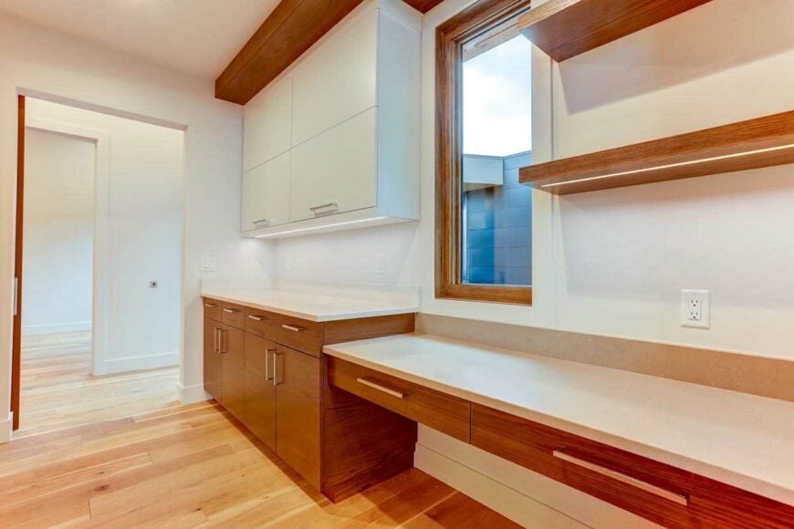 The mudroom offers plenty of storage and lengthy counters.