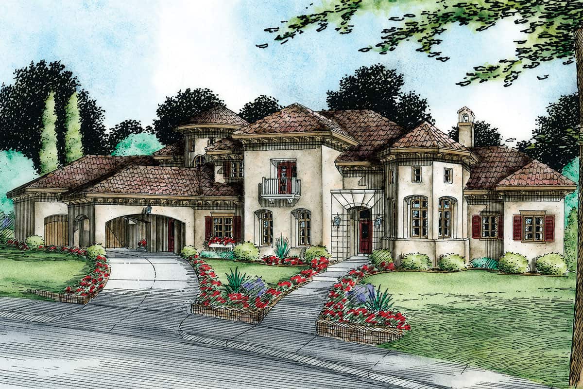 Front perspective sketch of the 6-bedroom two-story Tuscan villa.