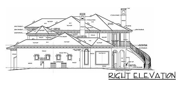 Right elevation sketch of the 6-bedroom two-story Tuscan villa.