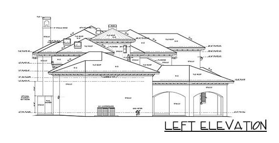 Left elevation sketch of the 6-bedroom two-story Tuscan villa.