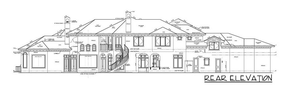 Rear elevation sketch of the 6-bedroom two-story Tuscan villa.