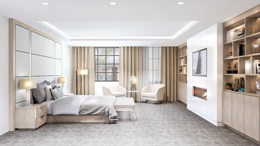 Modern master bedroom with marble flooring, cove type ceiling, wooden cabinets and shelves, and electric fireplace.