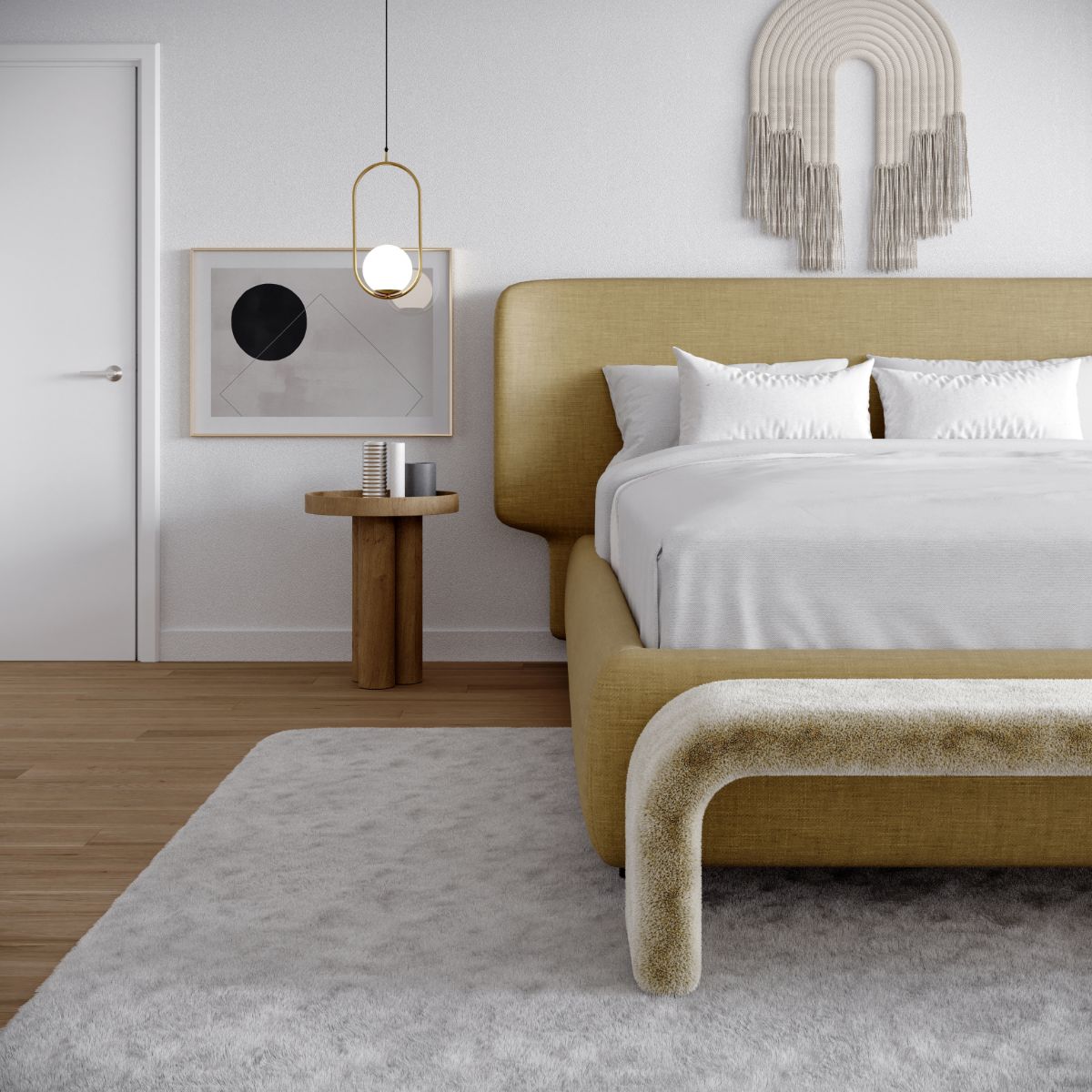 Modernized bed with white bedsheets, white rug, customized side table, and modern lighting.