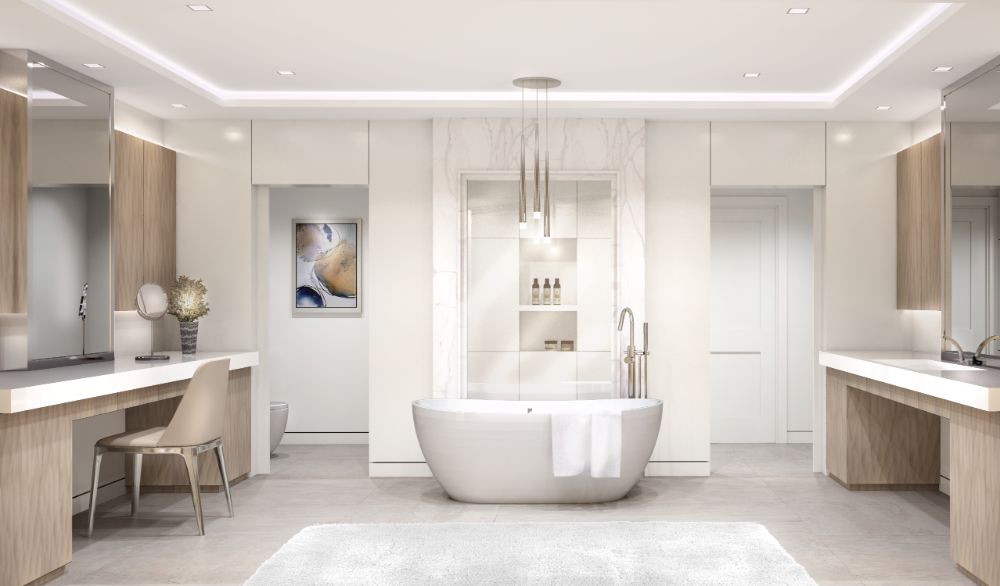 Master bathroom features an alcove bathtub, a vertical vanity, and a full-length mirror in the marble-topped bathroom sink.