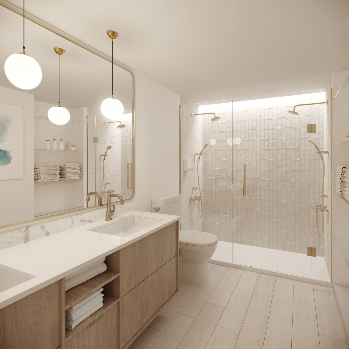 Oversized bathrooms showcase stone vanities and double-suite rain showers.