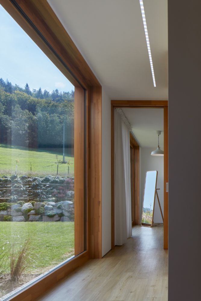 Hallway from the main house to the right wing in a glass wall in front.