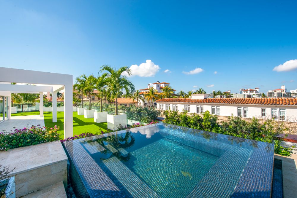 Rooftop terrace swimming pool with bermuda grass and row of palm trees.