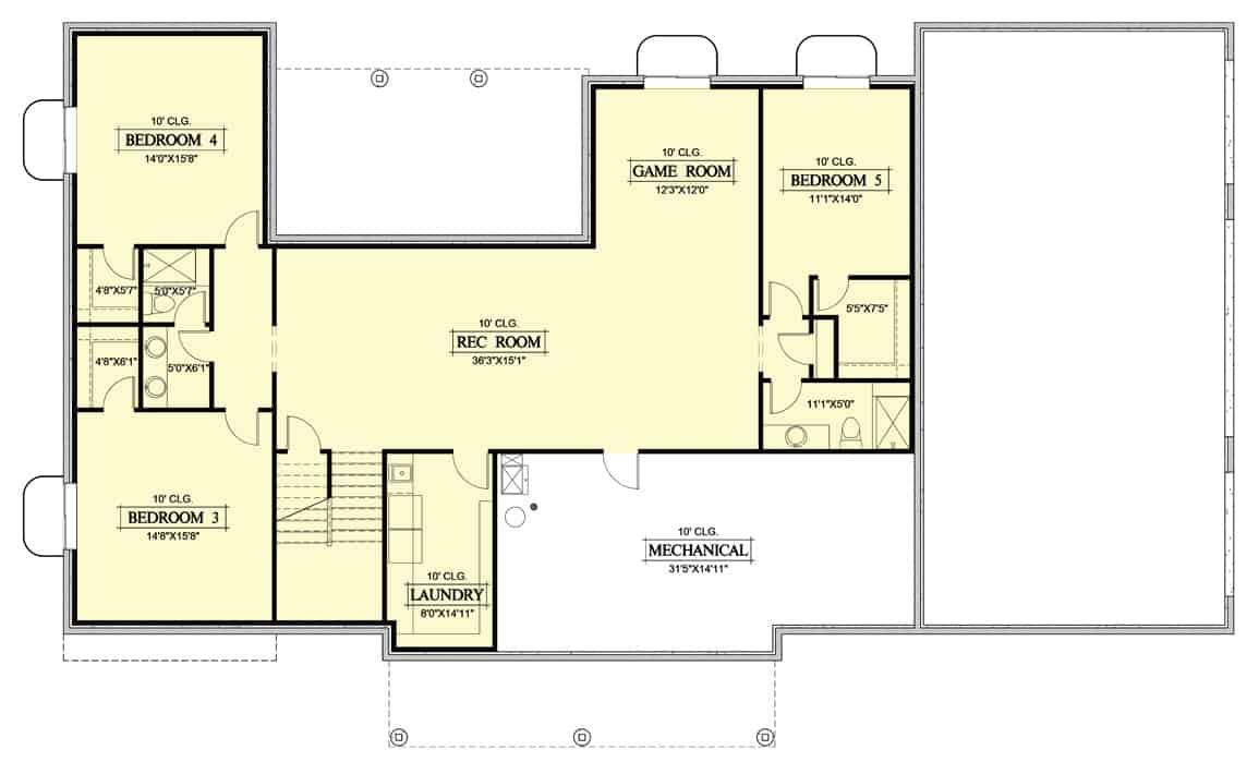 Lower level floor plan with three bedrooms, laundry room, a game room, and a sizable rec room.