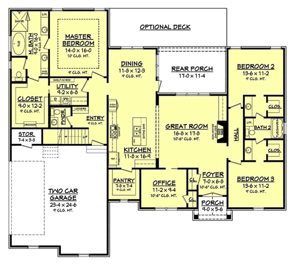 Main level floor plan of a 3-bedroom two-story traditional country home with foyer, great room, dining area, kitchen, three bedrooms, office, utility, and a mudroom that leads to the garage.