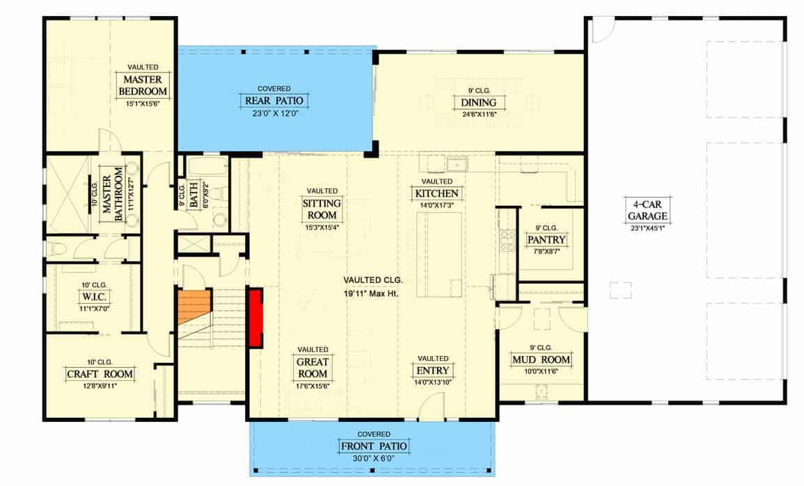 Main level floor plan of a 5-bedroom modern two-story farmhouse with foyer, great room, kitchen, dining area, sitting room, craft room, primary bedroom, and a mudroom that leads to the garage.