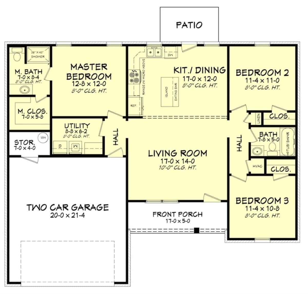 Main level floor plan of a single-story 3-bedroom traditional home with living room combined kitchen and dining, three bedrooms, utility room, and a double garage with storage space.