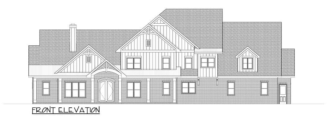 Front elevation sketch of the New American 4-bedroom two-story farmhouse.