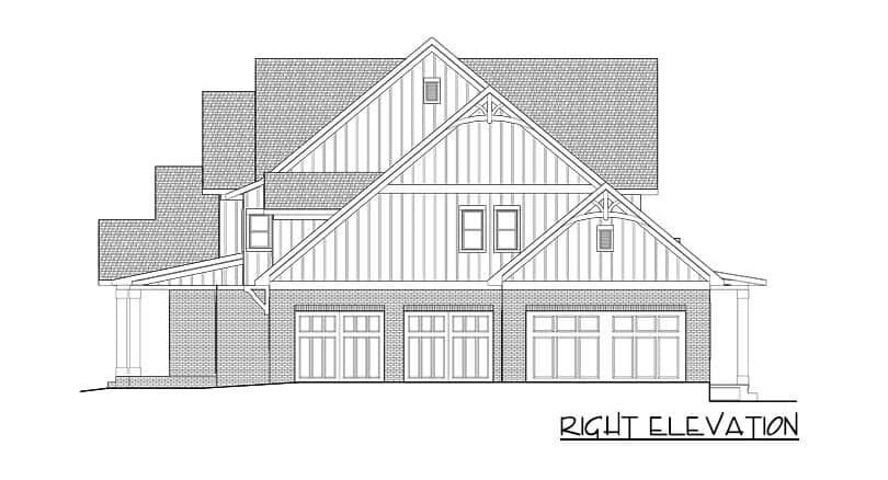 Right elevation sketch of the New American 4-bedroom two-story farmhouse.