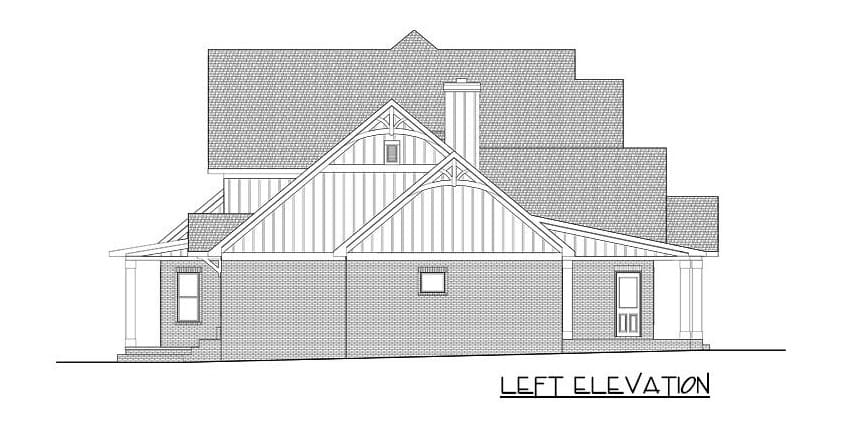 Left elevation sketch of the New American 4-bedroom two-story farmhouse.