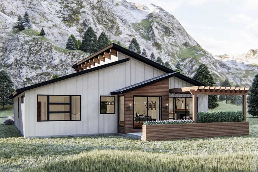 Rear rendering with an airy patio and a trellis porch.