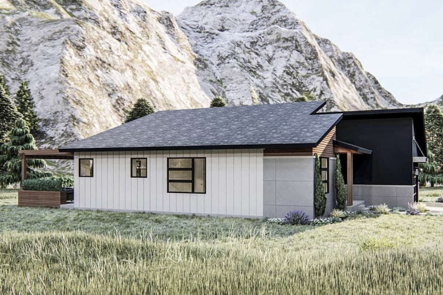 Left rendering showcasing its concrete panels, vertical siding, and aluminum framed windows.