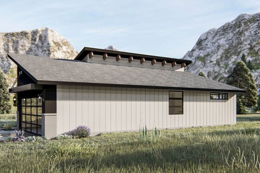 Right rendering with vertical siding and a shed roof adorned with exposed rafter tails.