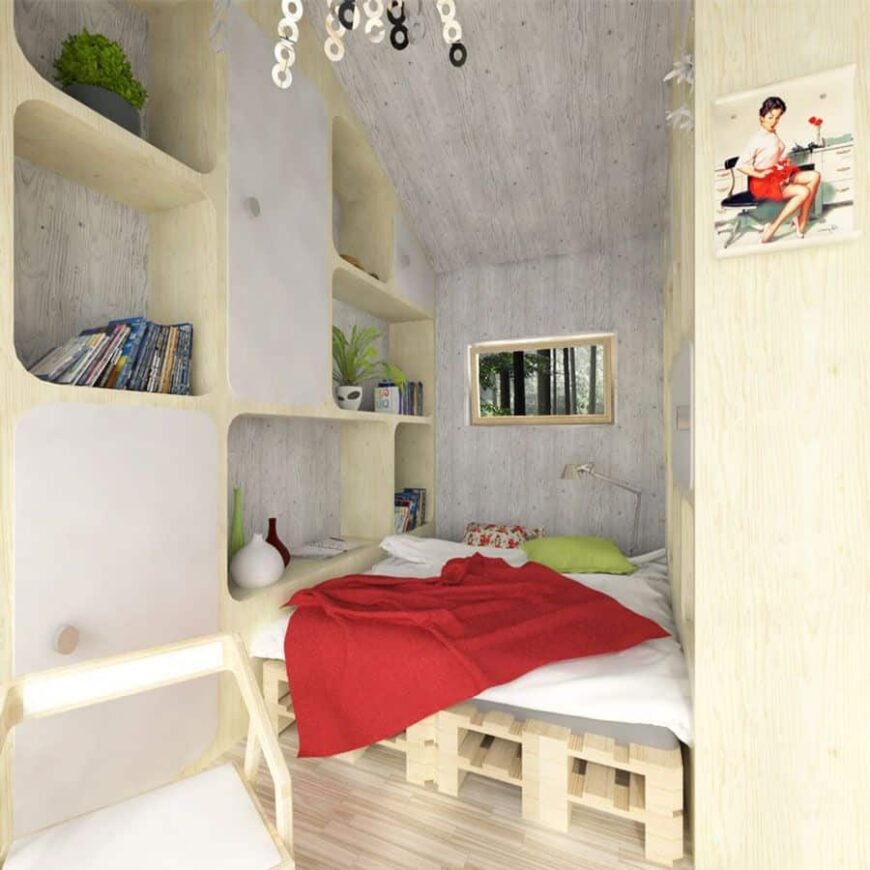 The bedroom features a cozy wooden bed flanked by storage shelves.