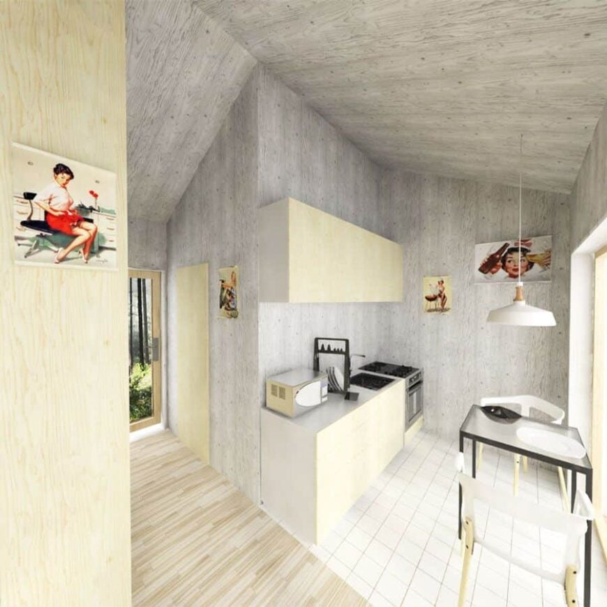 The kitchen has wooden cabinets and a dining table for two over tiled flooring.