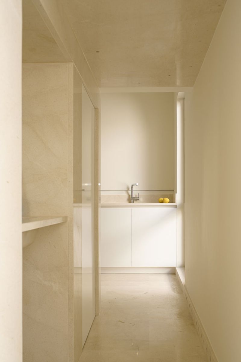 A view of the kitchen area from the living space.