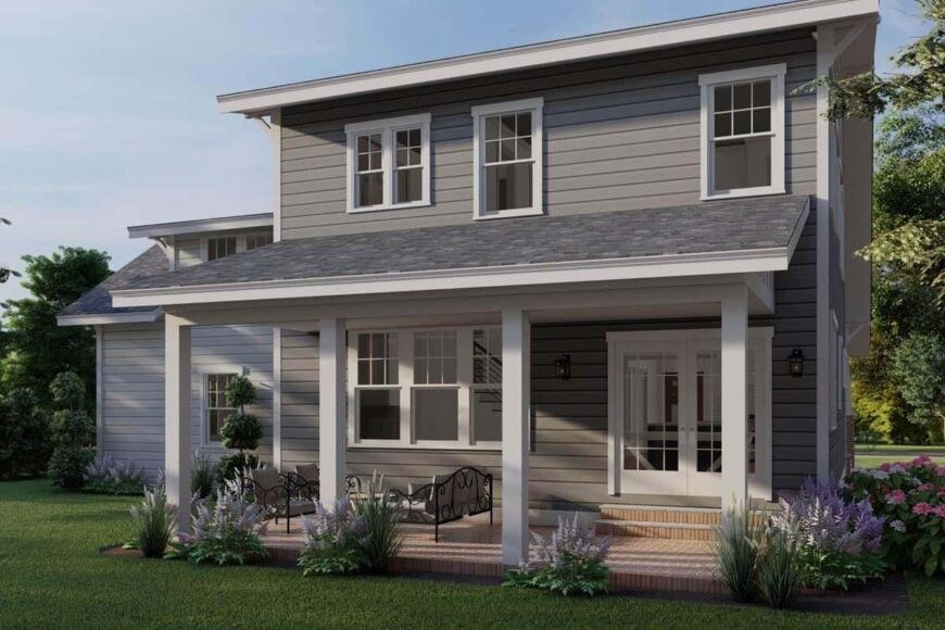 Rear rendering with a covered porch lined with white columns.